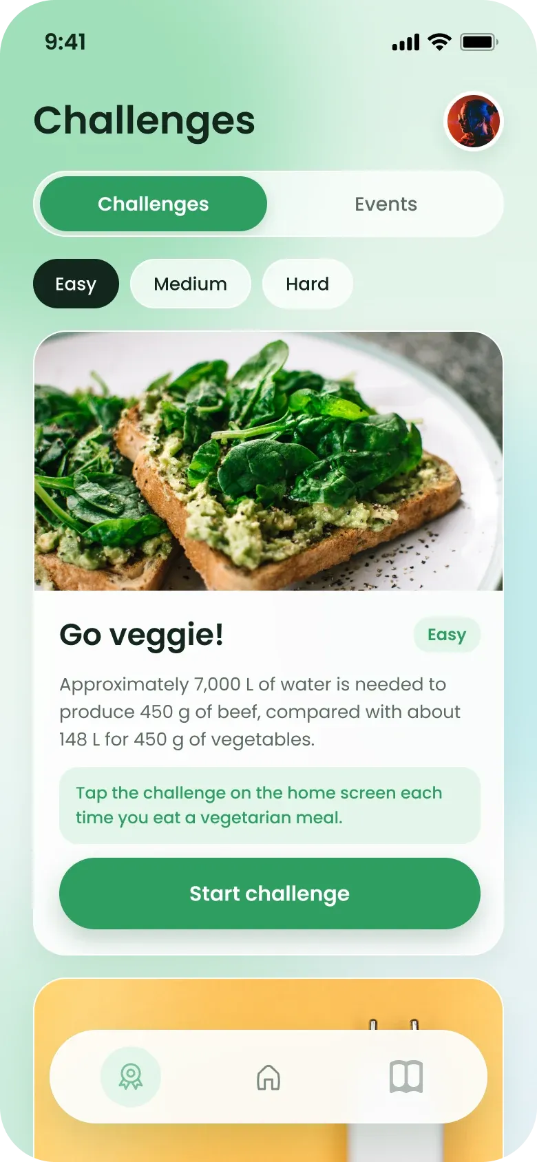 Redesigned challenges screen: a Challenges and Events switch, difficulty filters, and a Go veggie! card with the water fact, a tip and a Start challenge button.