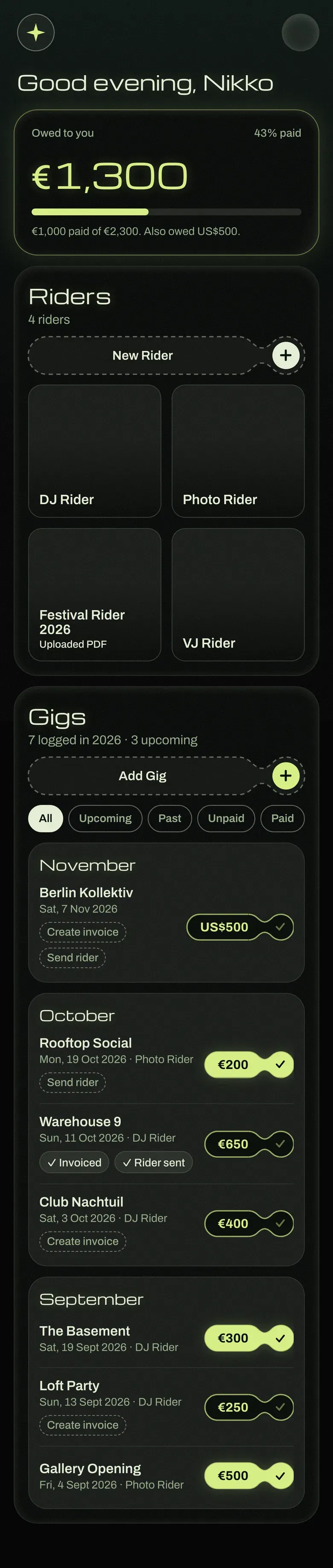 The full Dashboard on a phone, from the amount owed through the riders to every gig from November back to September, each with its fee, invoice and rider status.