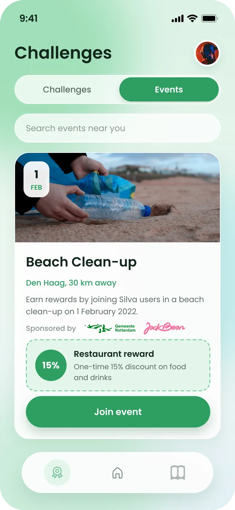 Redesigned events screen: a search field and a Beach Clean-up card with date badge, location, sponsors, a 15% restaurant reward and a Join event button.