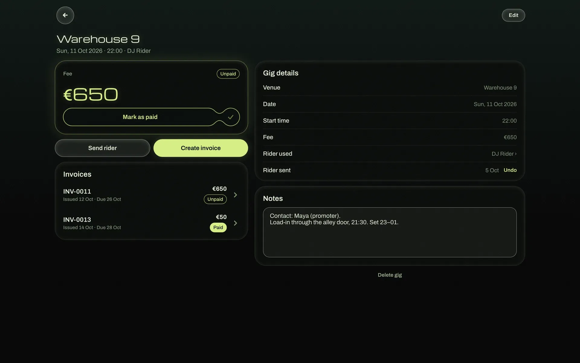 A gig detail screen on desktop for Warehouse 9: the €650 fee and Create invoice button are the only lime green elements, next to the gig details and notes.