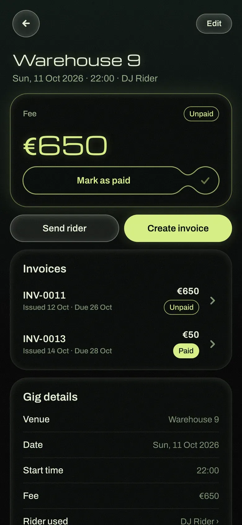 The same gig detail screen on a phone, with the unpaid €650 fee, a Mark as paid capsule and the gig's invoices.