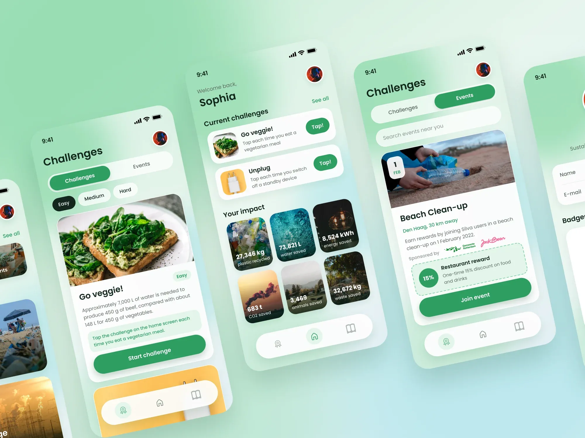 Five redesigned Silva screens, tilted on a soft green gradient: Learn, the Go veggie! challenge, the home dashboard welcoming Sophia, a beach clean-up event and her profile.