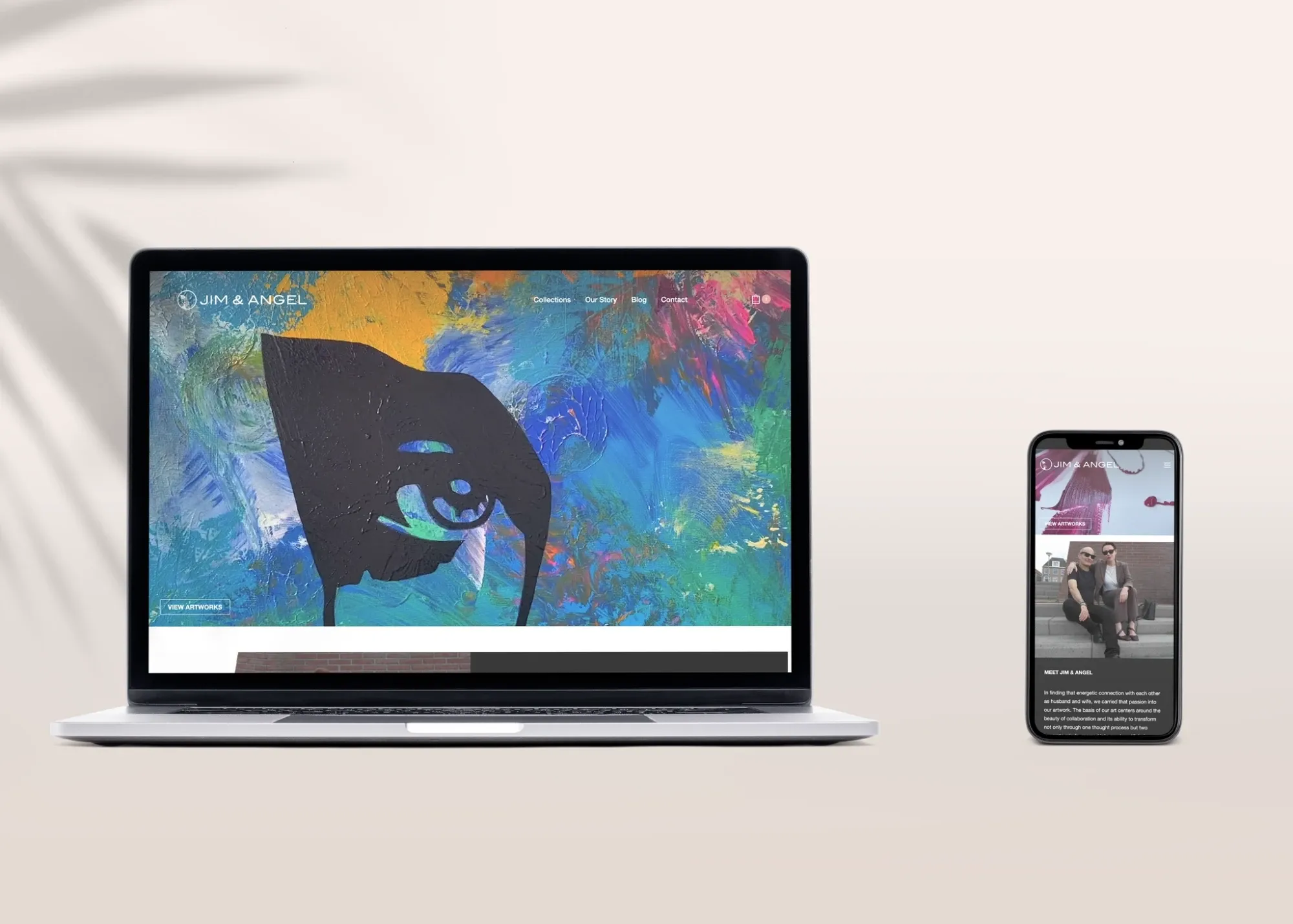 The Jim & Angel website on a laptop and a phone: a bold painting fills the homepage, and the mobile view introduces the two artists.