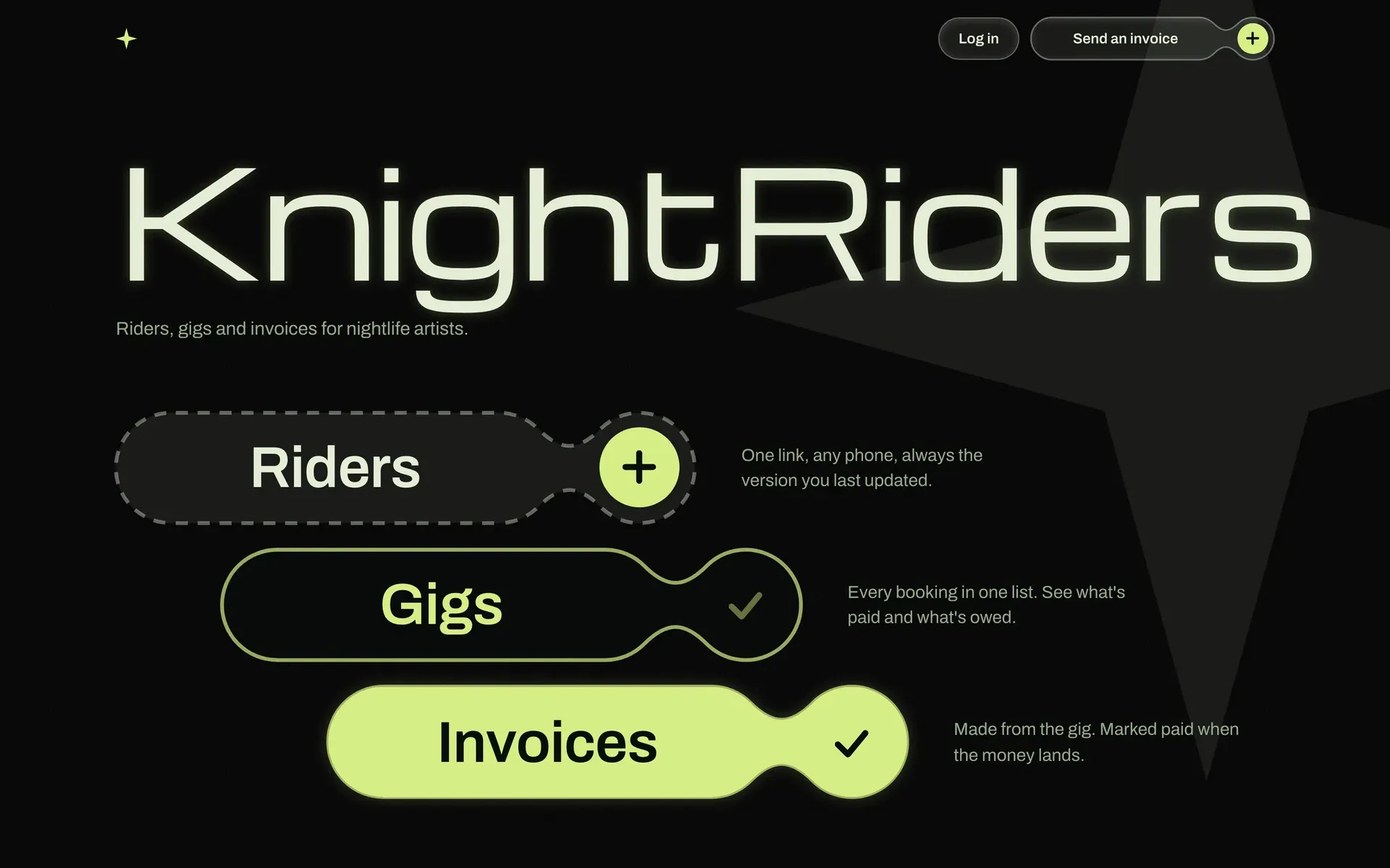 The KnightRiders homepage on desktop: the KnightRiders wordmark over a faint four-point star, with Riders, Gigs and Invoices capsules and a one-line description of each.