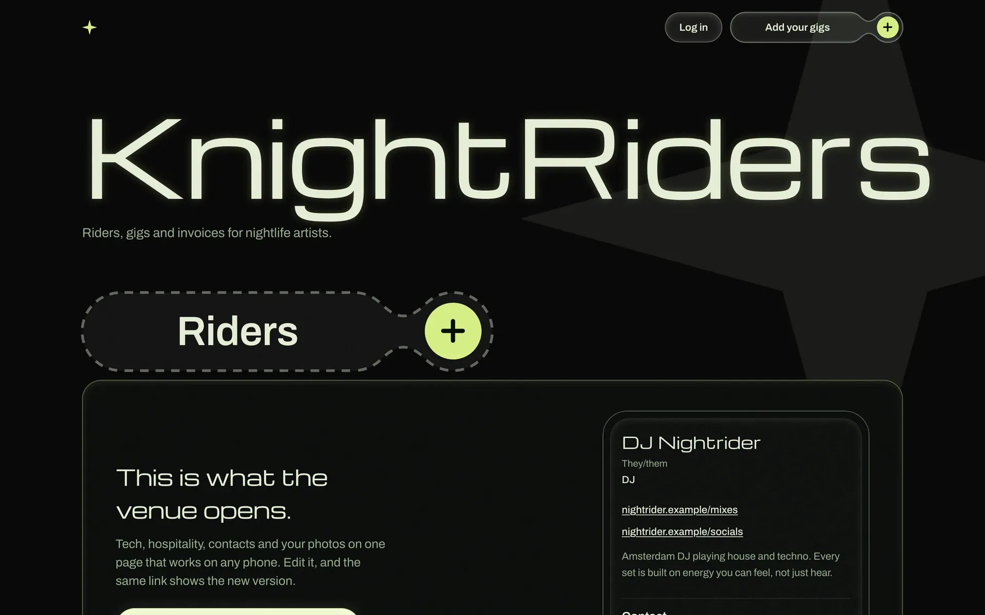 The public homepage on desktop with the Riders section open, previewing a sample rider for the fictional DJ Nightrider.