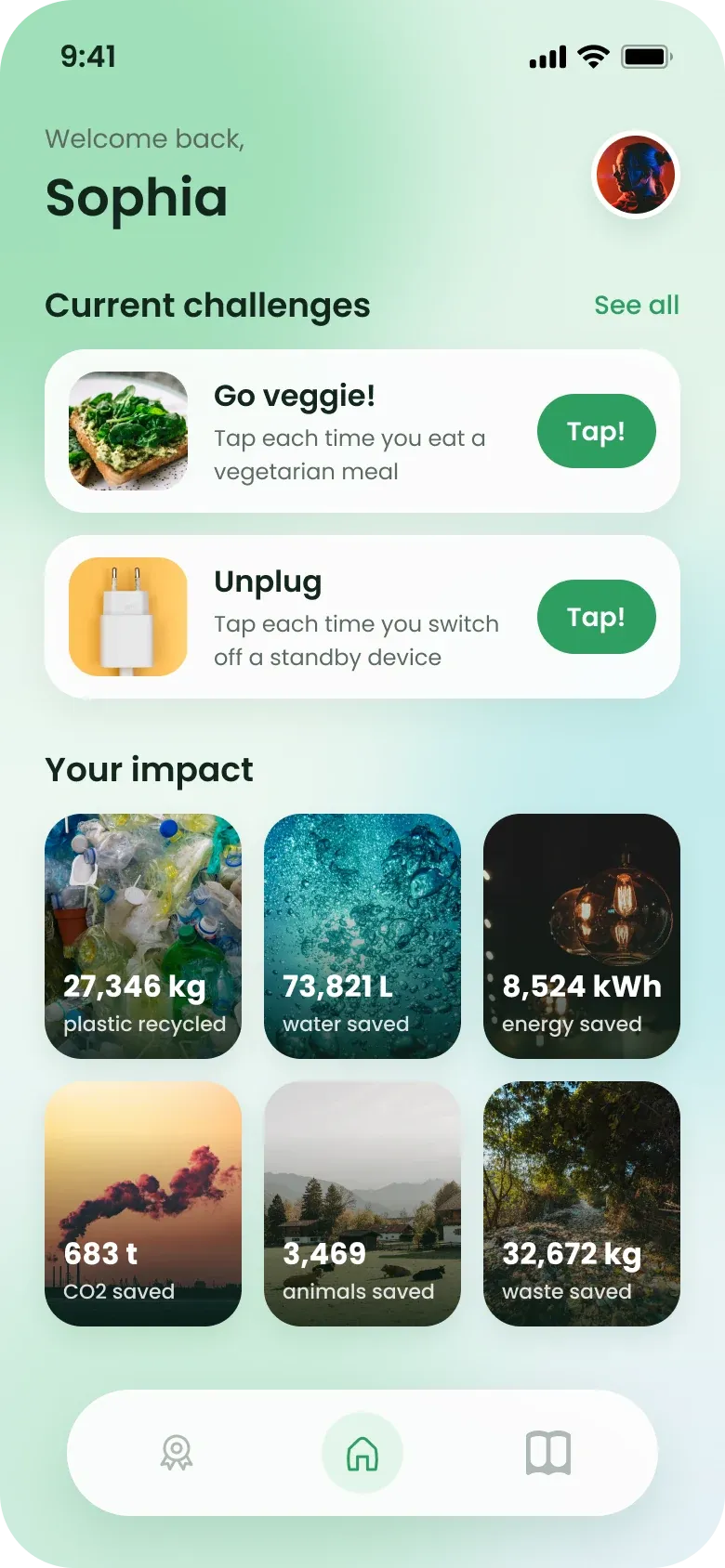 Redesigned home screen: a greeting for Sophia, challenge cards for Go veggie! and Unplug with Tap! buttons, and six photo tiles showing her impact.