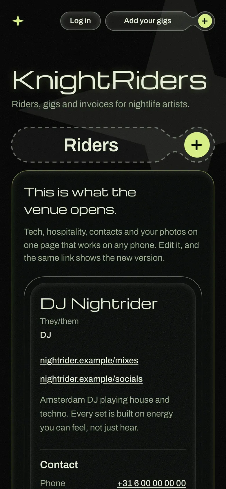 The KnightRiders homepage on a phone, with the Riders capsule and a preview of a DJ's rider.