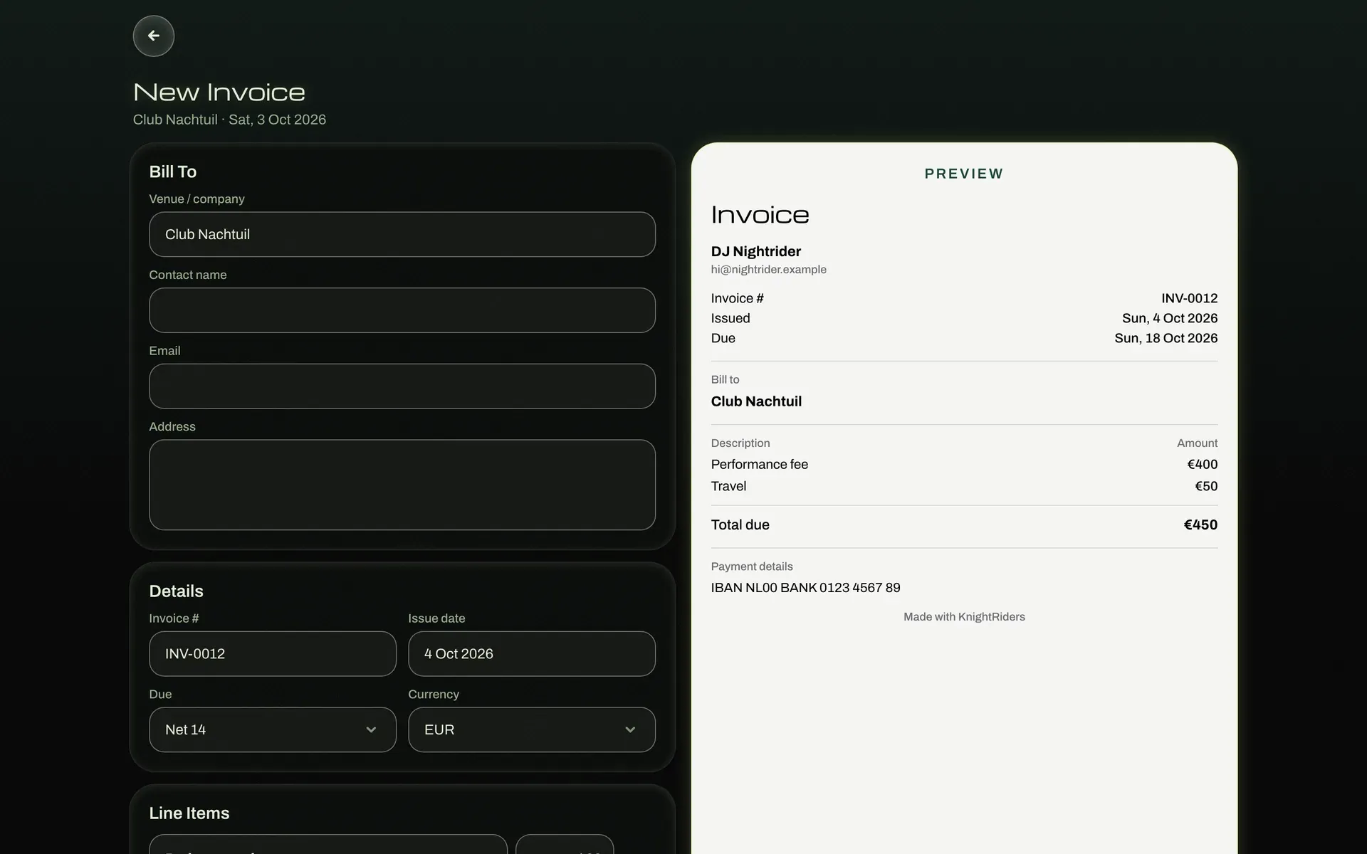 The invoice builder on desktop: bill-to, details and line items on the left, with a live preview of the finished invoice on the right.