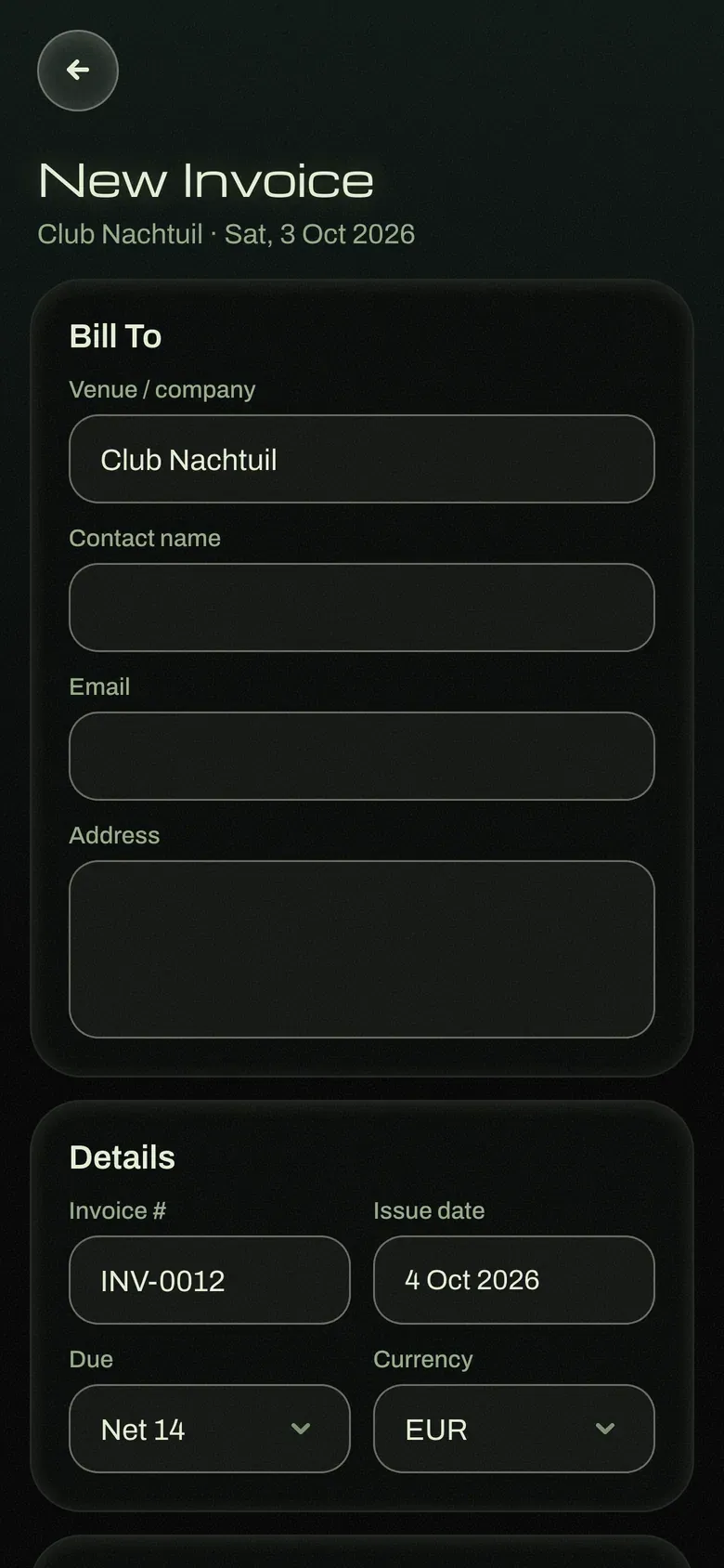 The invoice builder on a phone, with bill-to fields and invoice details including number, dates, payment terms and currency.