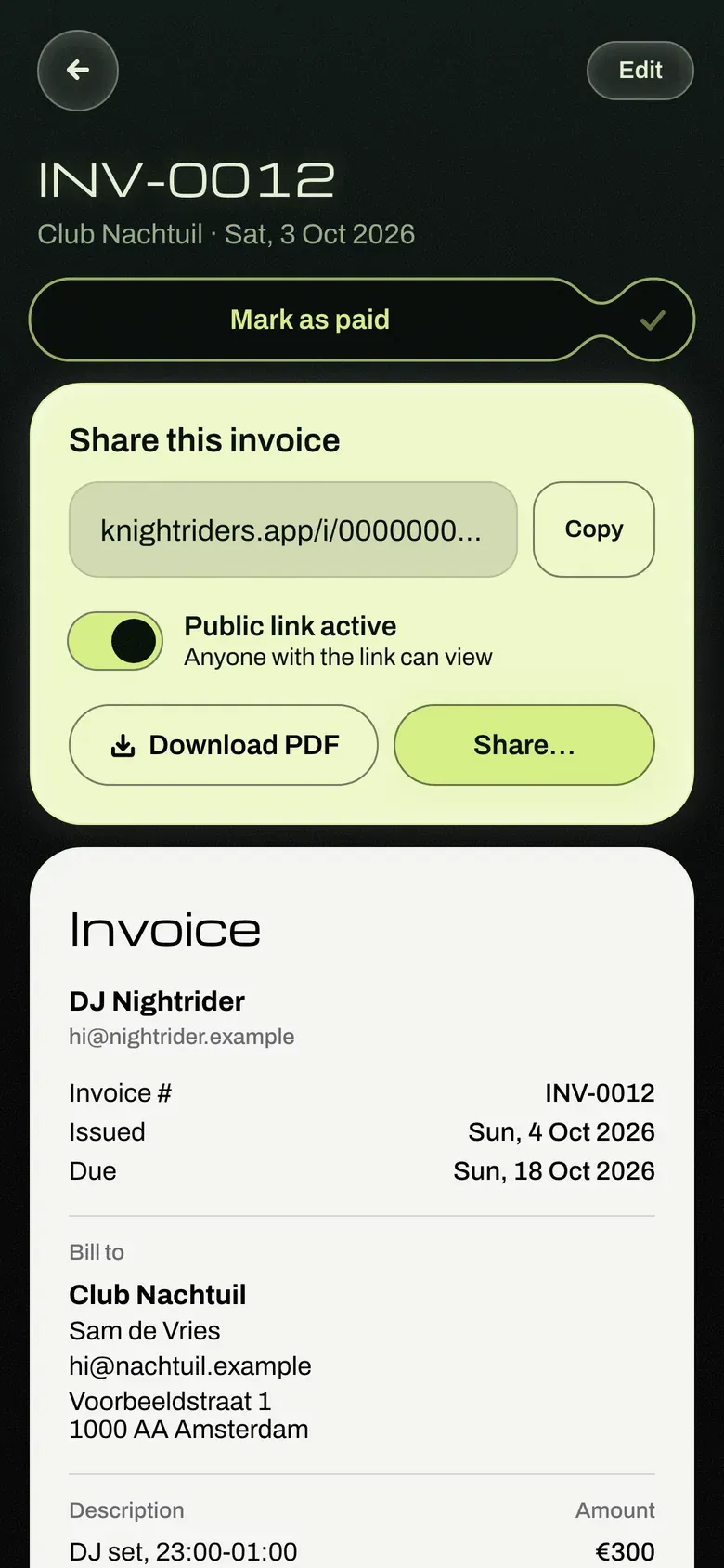 A finished invoice, INV-0012 for Club Nachtuil, with a Mark as paid capsule and options to share the invoice link or download a PDF.