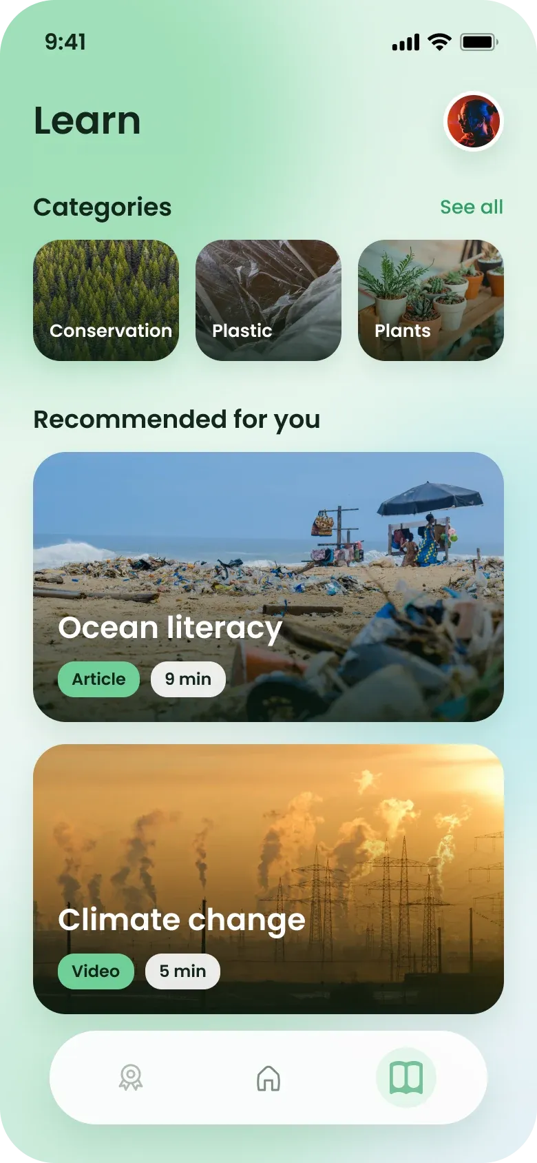 Redesigned learn screen: photo tiles for Conservation, Plastic and Plants, and recommended cards for an Ocean literacy article and a Climate change video.