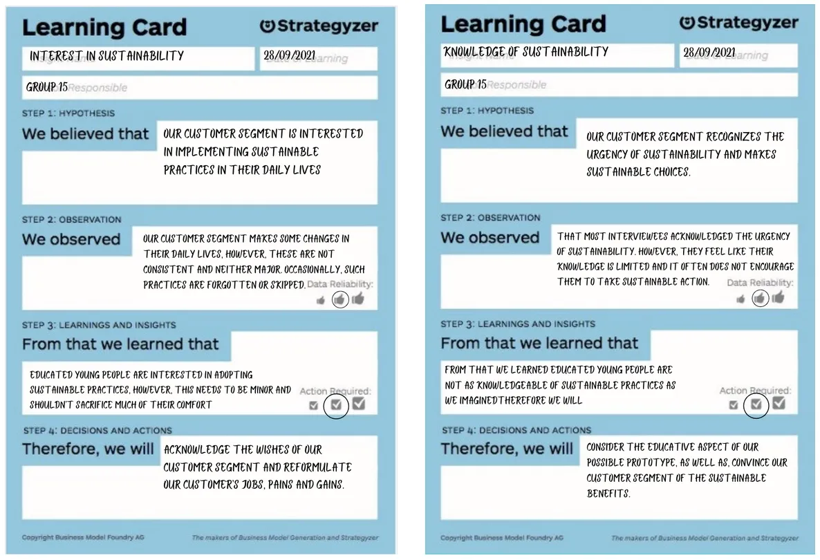 Two Strategyzer learning cards: interviewees make small, inconsistent sustainable changes, and recognise the urgency but feel their knowledge is limited.