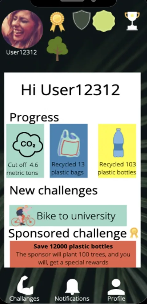 Low-fidelity home screen: a profile with badges, progress tiles for CO2 cut and plastic recycled, new challenges such as biking to university, and a sponsored challenge.