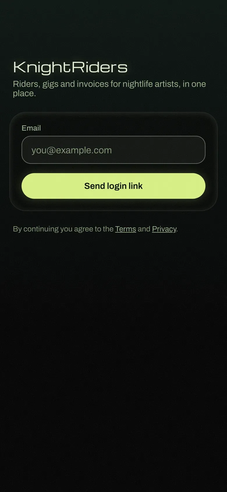 The sign-in screen: an email field and a Send login link button, with links to the Terms and Privacy pages.