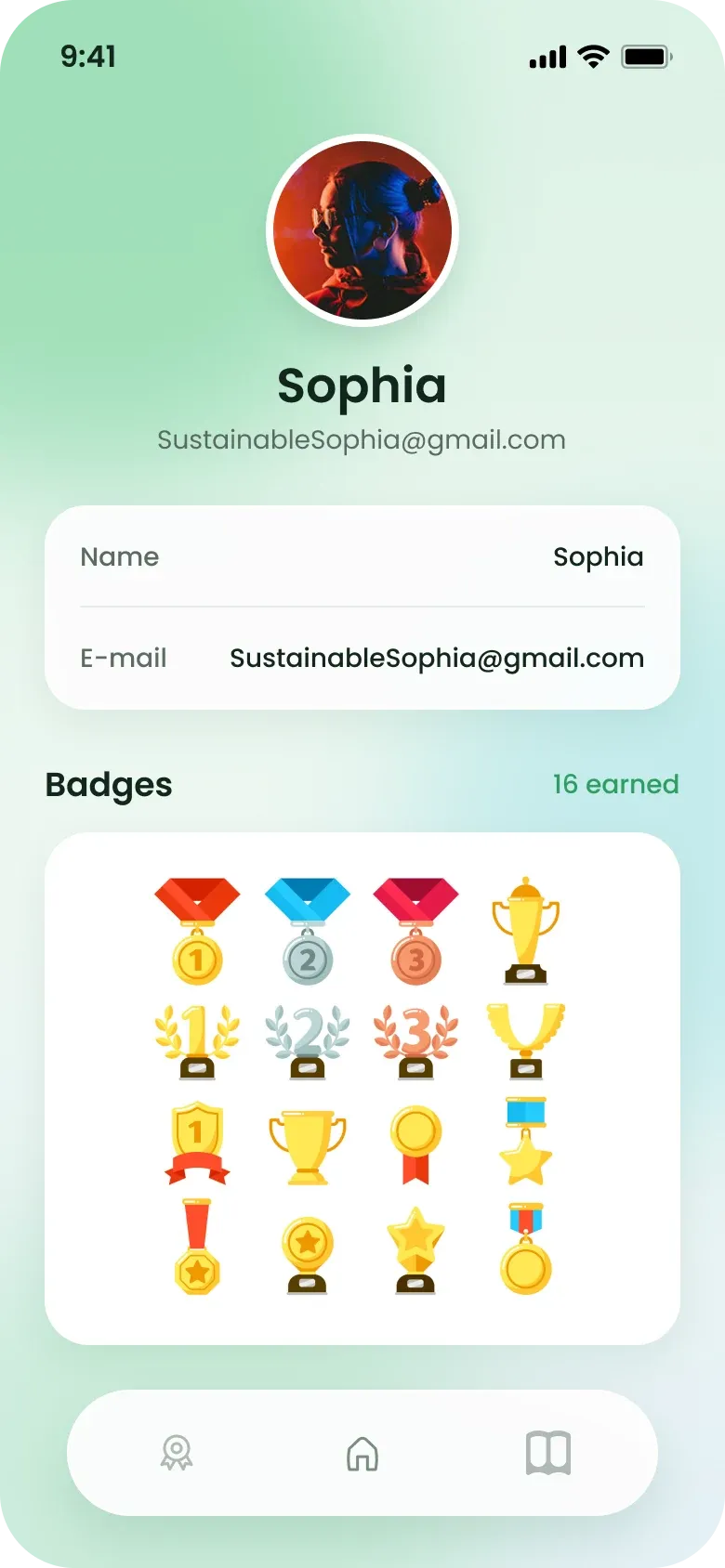Redesigned profile screen: Sophia's photo, name and email, an account card, and her 16 earned badges.