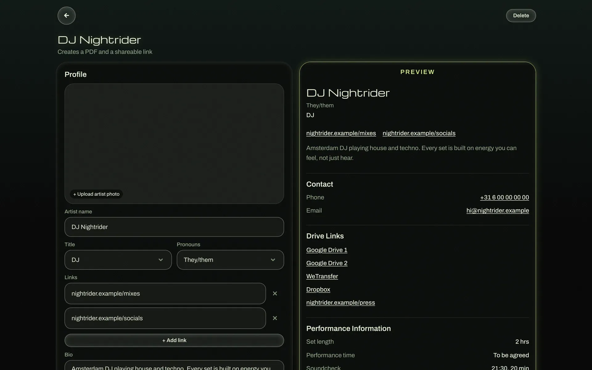 The rider builder on desktop: profile, links and bio fields on the left, with a live preview of the rider on the right.