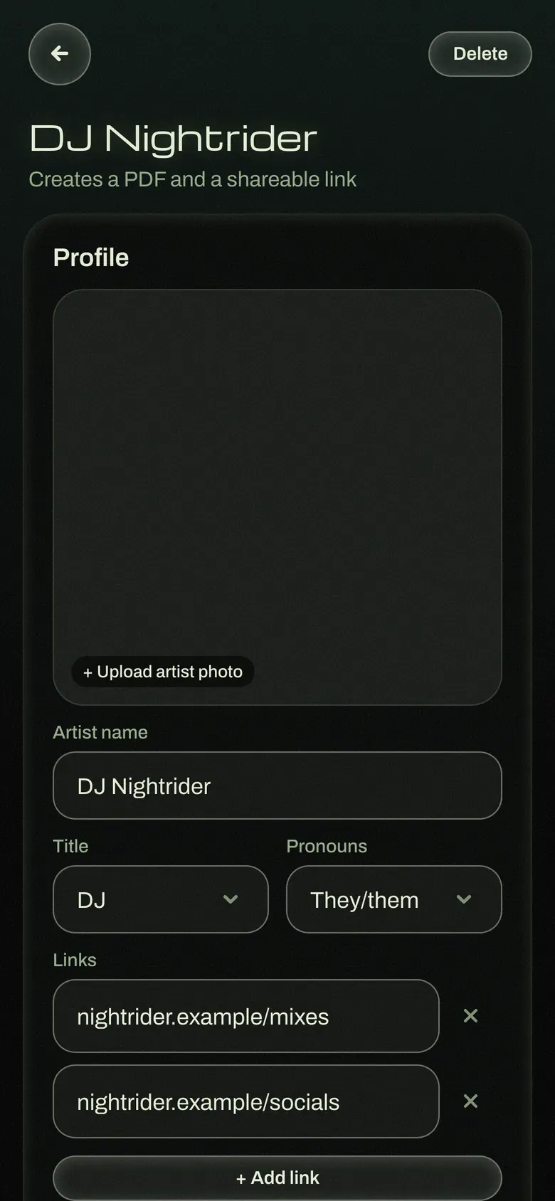 The rider builder on a phone, with artist photo upload, name, title, pronouns and links.