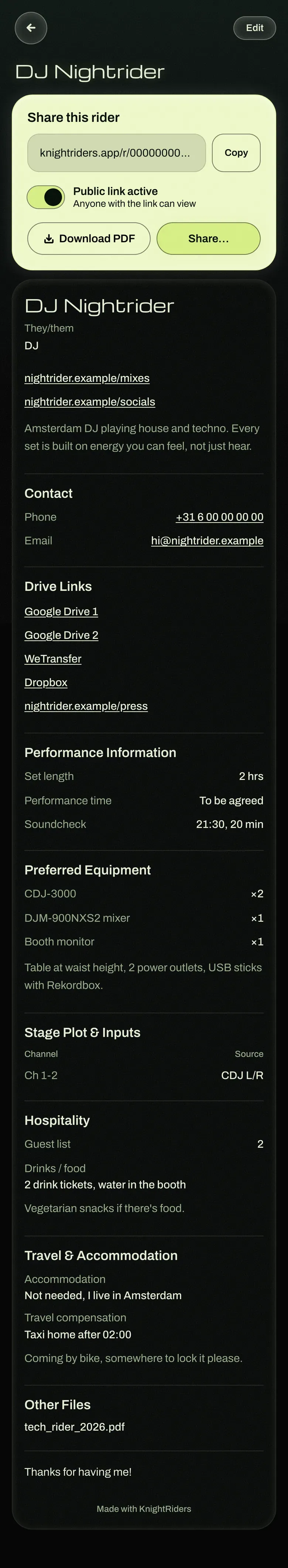 A complete shared rider for DJ Nightrider, with share options at the top, then contact details, drive links, performance information, preferred equipment, stage plot, hospitality, travel and other files.