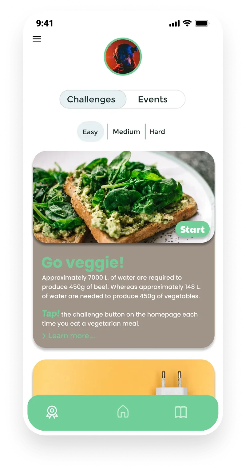 Challenges tab filtered to Easy, showing the Go veggie! challenge with a fact about water use for beef versus vegetables and a Start button.