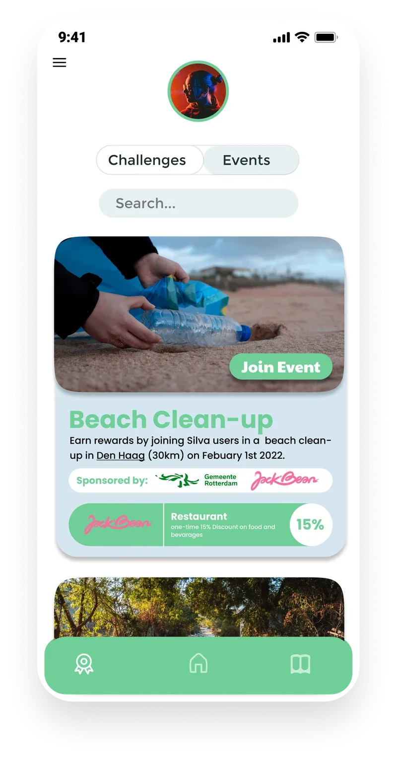 Events tab with a sponsored Beach Clean-up in Den Haag, partner logos and a 15% restaurant discount reward, with a Join Event button.