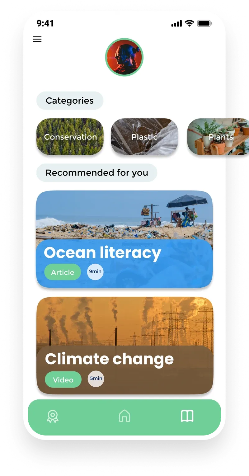 Learning area with categories Conservation, Plastic and Plants, and recommended content: an Ocean literacy article and a Climate change video.
