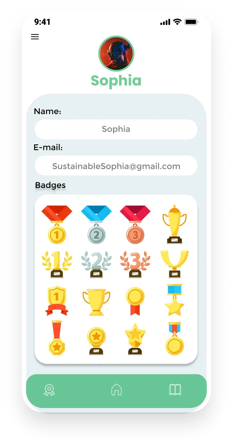 Profile screen for Sophia with name, email and a grid of earned badges, medals and trophies.