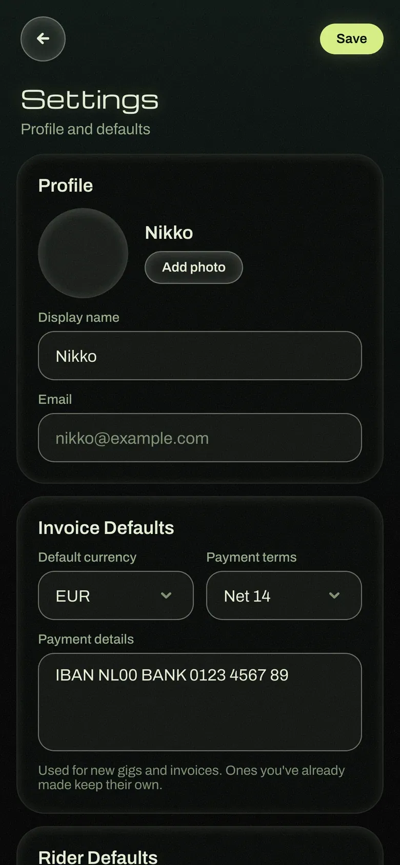 Settings: profile and display name, invoice defaults for currency, payment terms and payment details, and rider defaults.