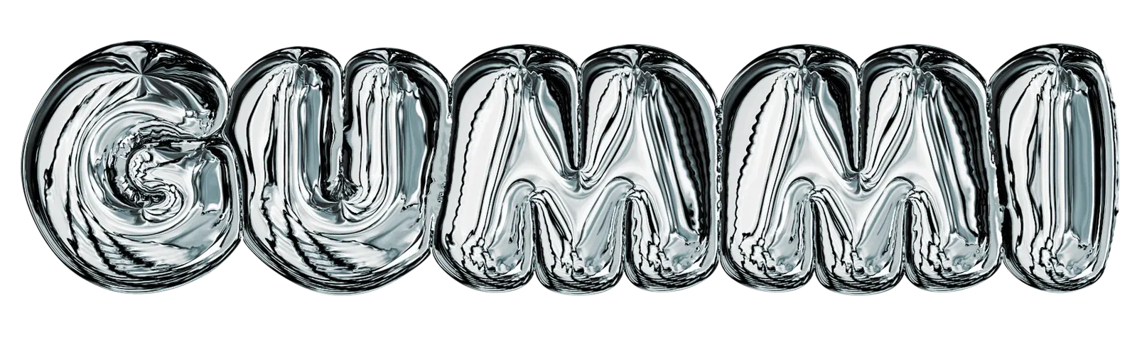 The GUMMI logo in bubbly chrome lettering, cycling through the versions made for different events: silver, orange, green, blue, pink and red.