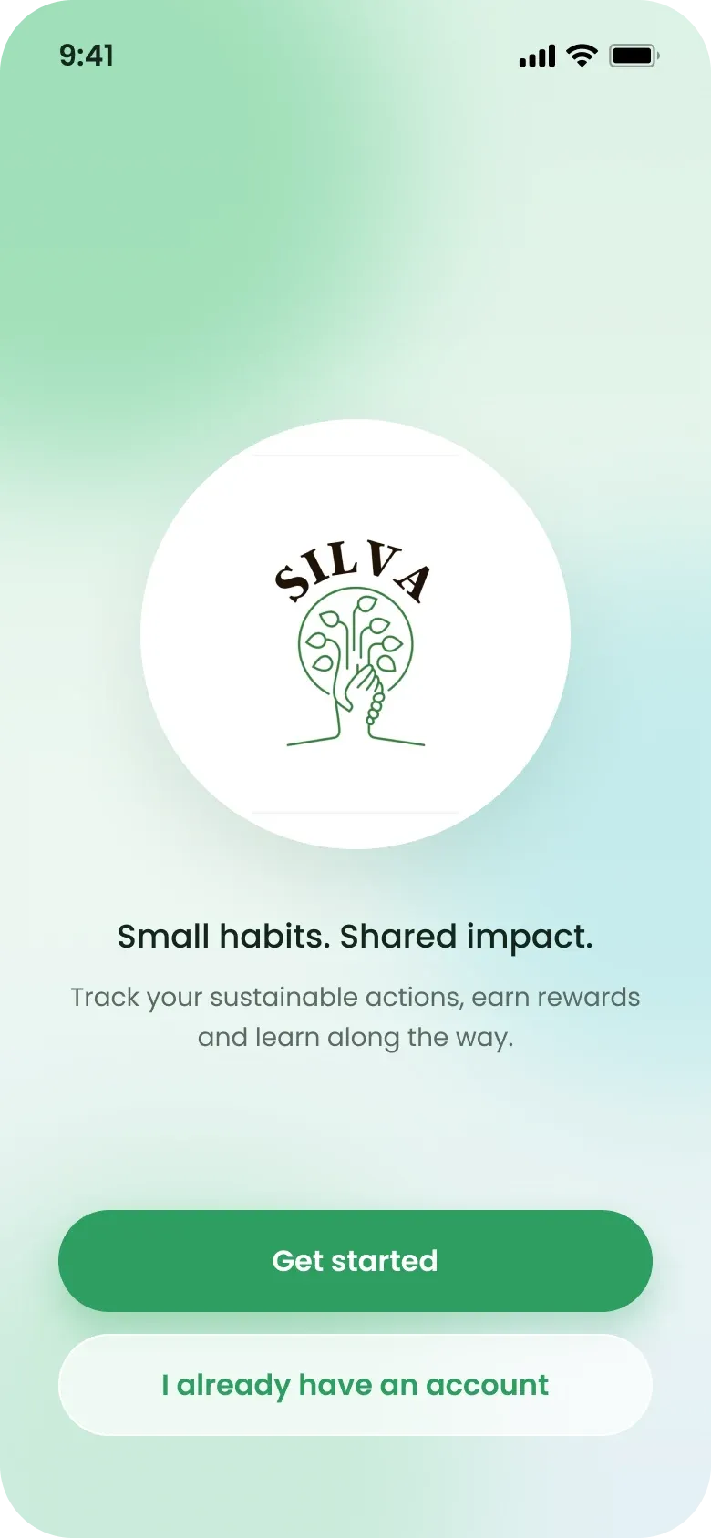 Redesigned splash screen: the Silva logo in a white circle on a soft green gradient, with Get started and I already have an account buttons.