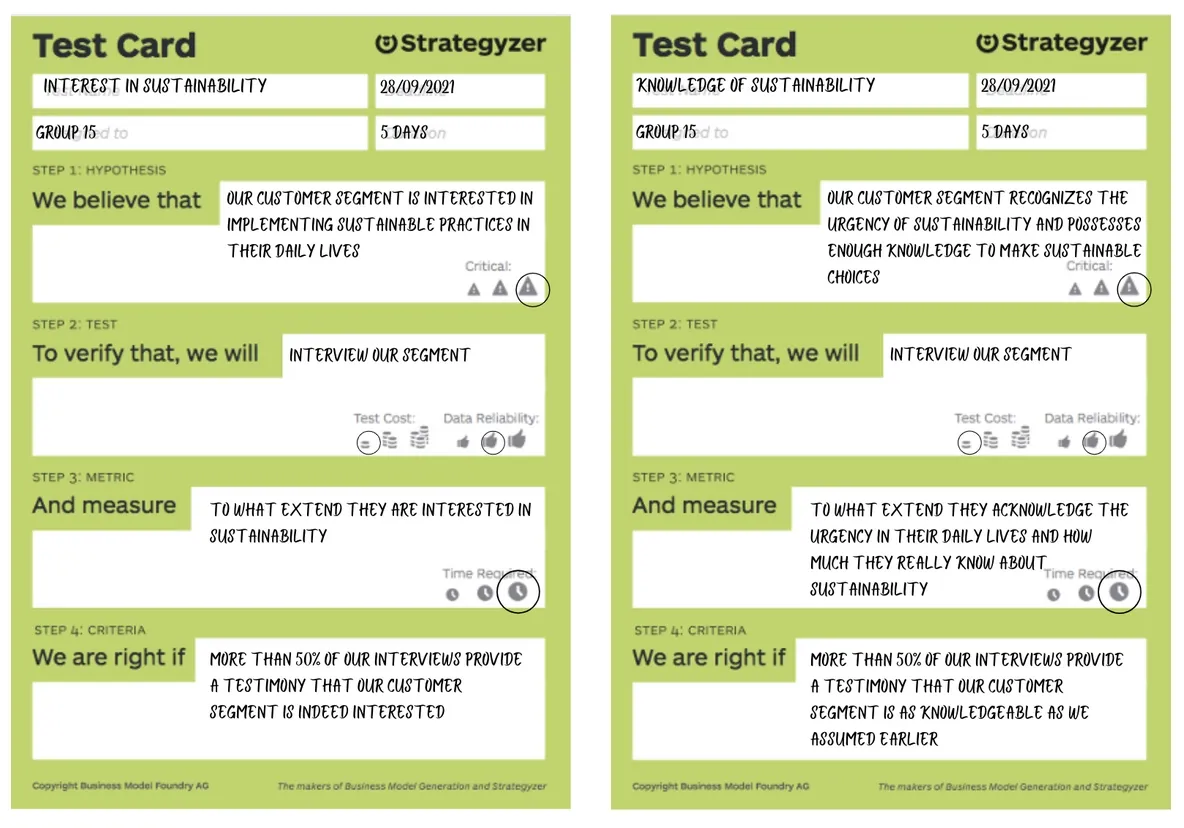 Two Strategyzer test cards testing whether the customer segment is interested in sustainable practices and knowledgeable about sustainability, by interviewing the segment.